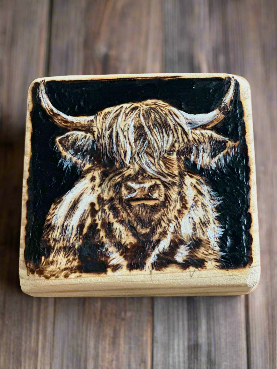 4x4 Highland Cow Pyrography Art – Hand-Burned Mini Woodburning for Rustic Farm Décor