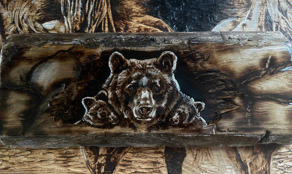 Home is in her Shadow original hand burned wood bear carving