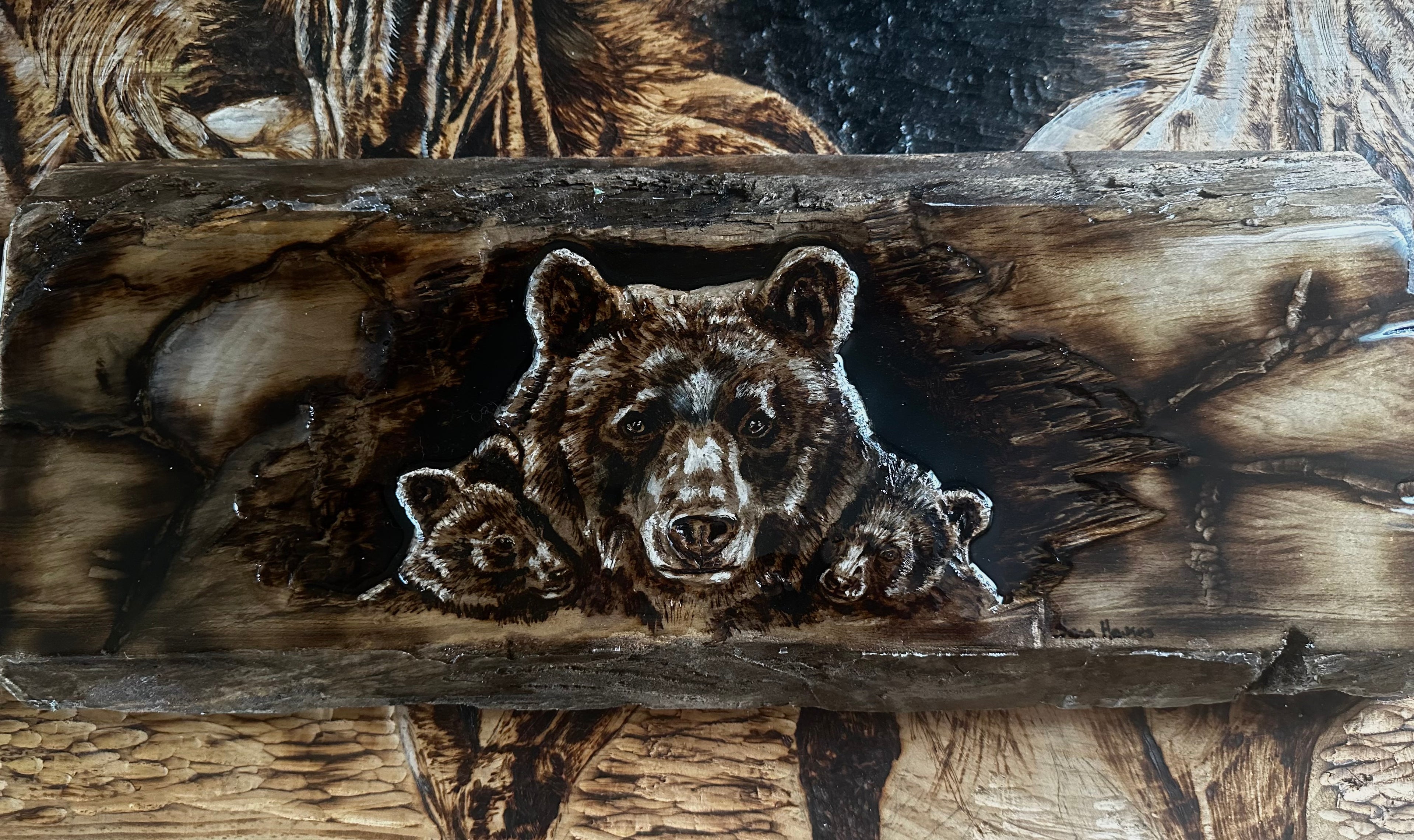 Home is in her Shadow original hand burned wood bear carving