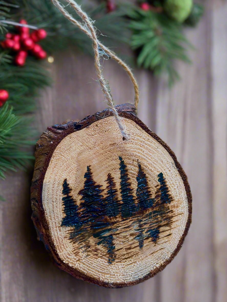 Rustic woodland pyrography ornament – Blue Horse Fine Art