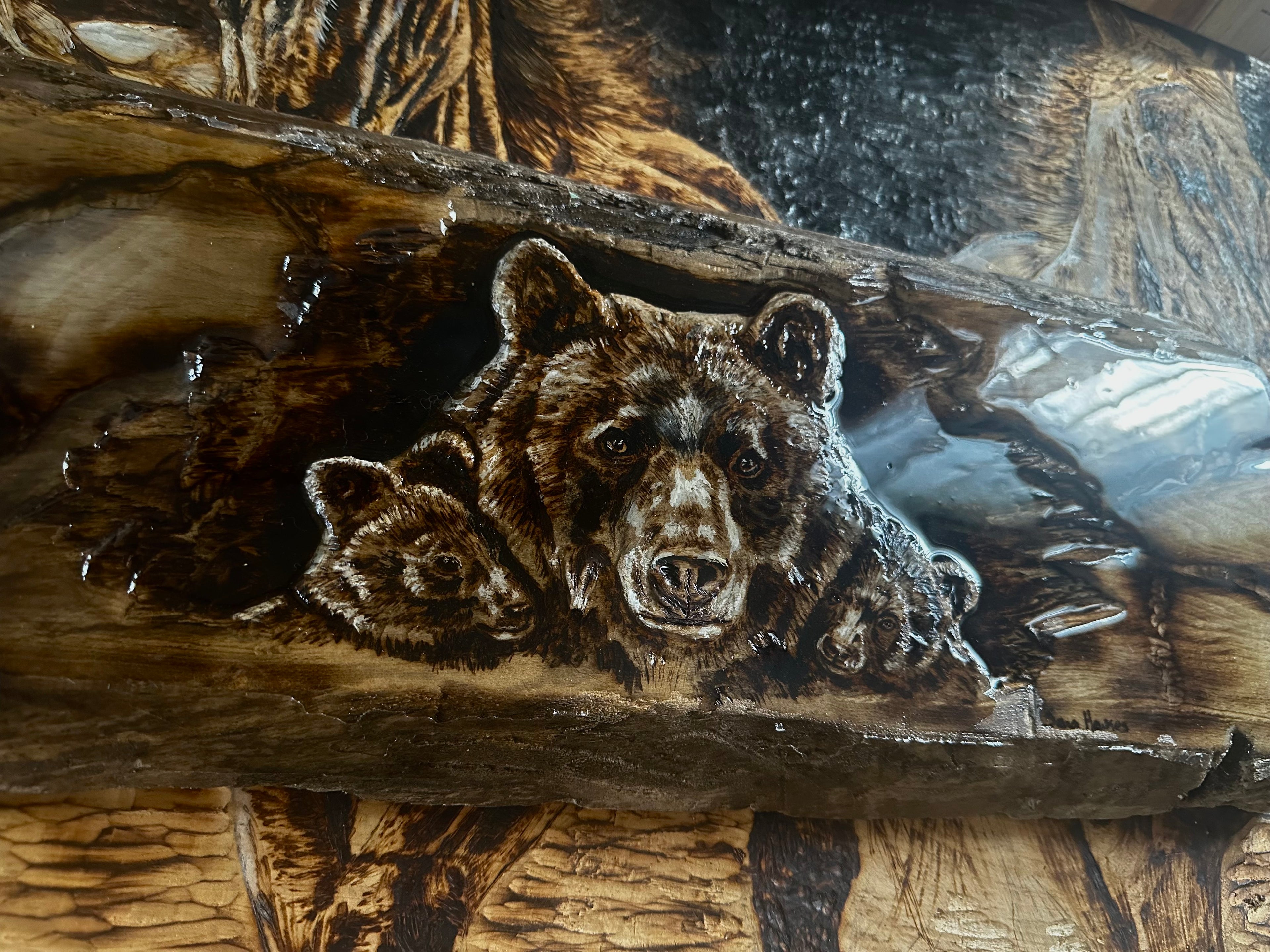 Home is in her Shadow original hand burned wood bear carving