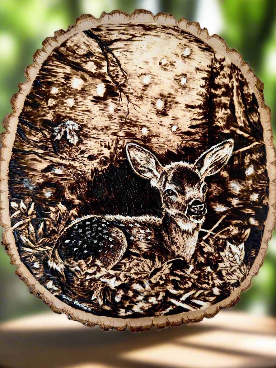 "Gentle Beginnings" Original Pyrography Fawn – Blue Horse Fine Art