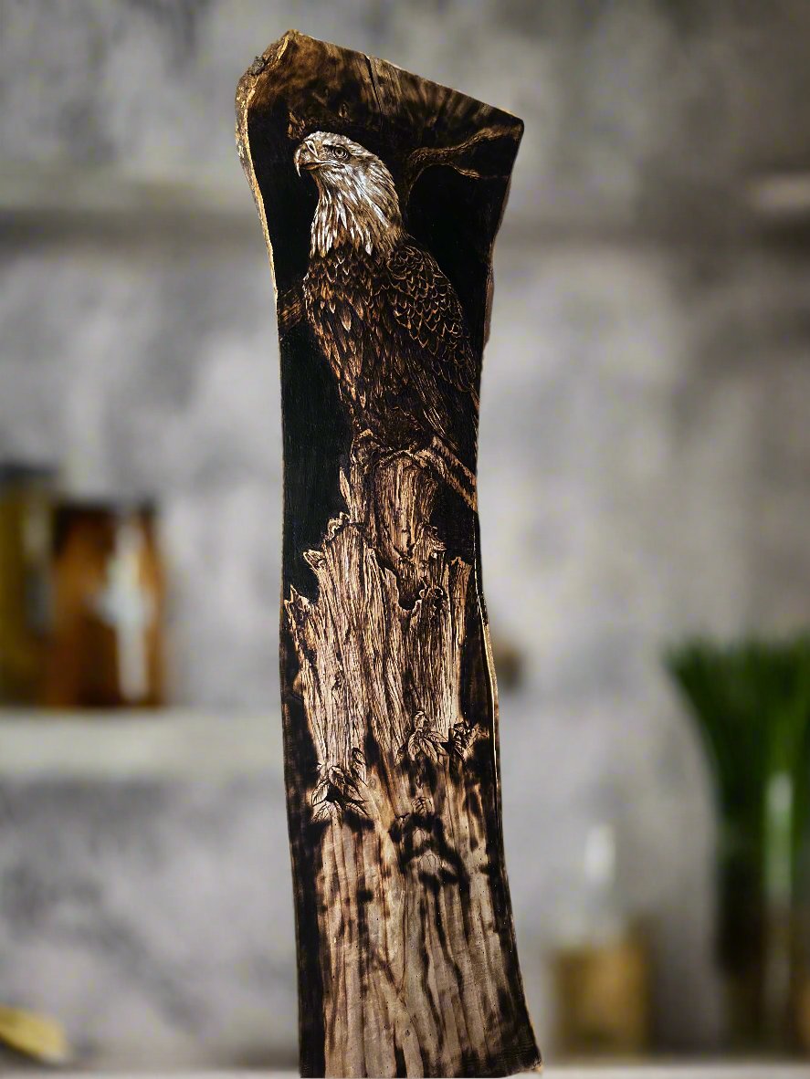 eagle burned into wood slice