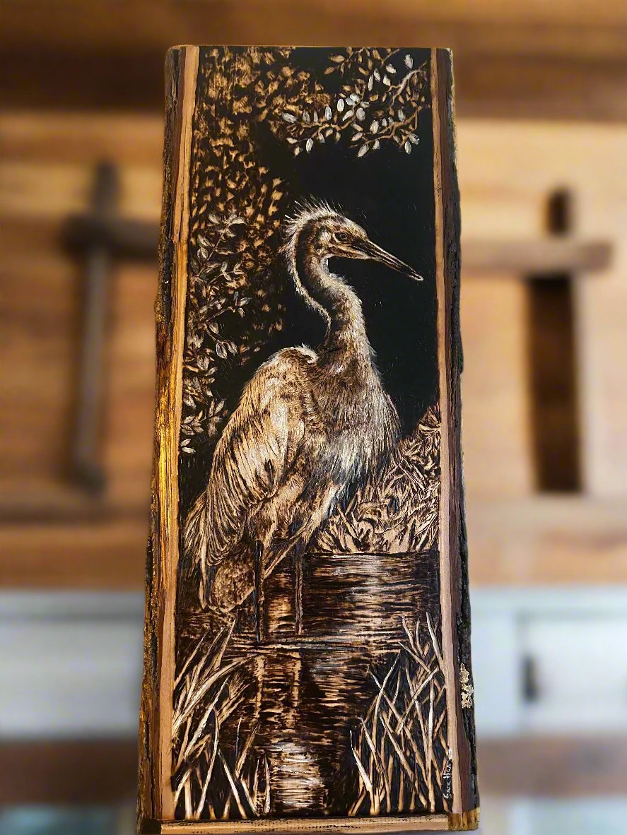pyrography waterfowl egret on live edge